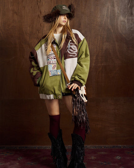 TALKLESSFASHION Corduroy Ethnic Design Puffer