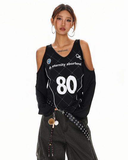 TALKLESSFASHION Cyber-Sport Digital Off-Shoulder Top