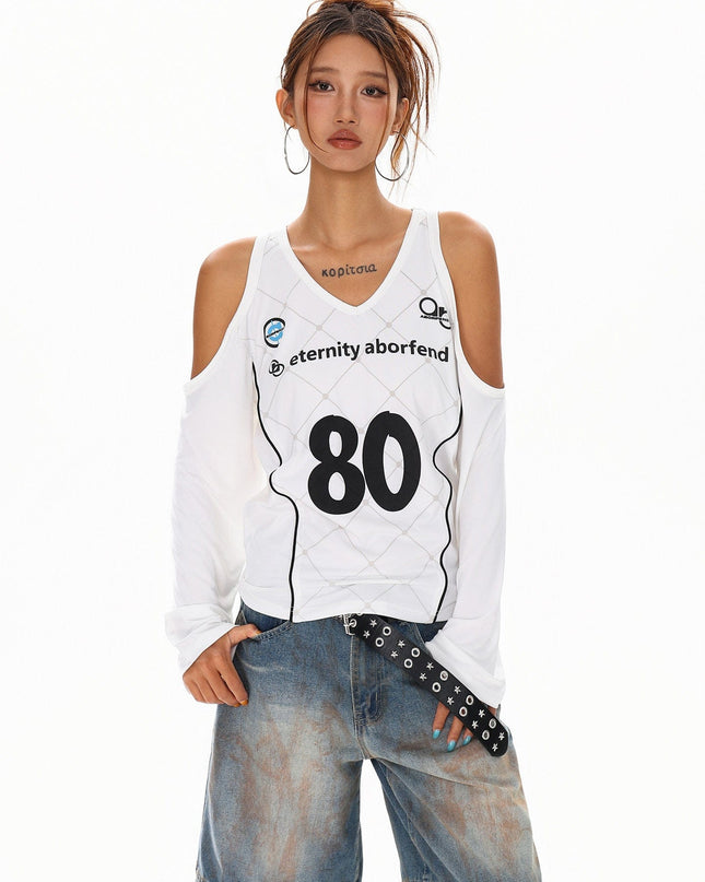 TALKLESSFASHION Cyber-Sport Digital Off-Shoulder Top