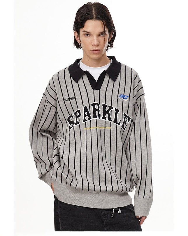 TALKLESSFASHION Dark Grey / S American retro polo collar striped sweater —-7087