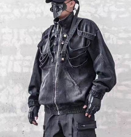TALKLESSFASHION Dark retro washed shoulder pads ripped denim jacket