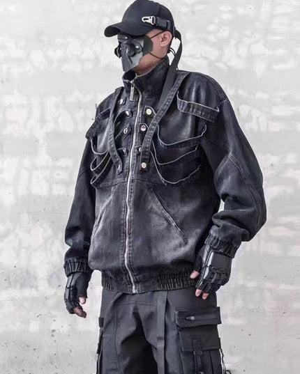 TALKLESSFASHION Dark retro washed shoulder pads ripped denim jacket