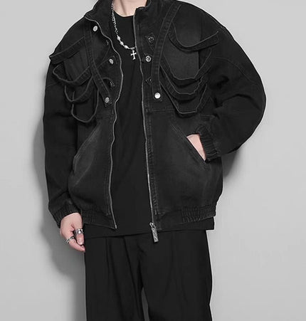 TALKLESSFASHION Dark retro washed shoulder pads ripped denim jacket