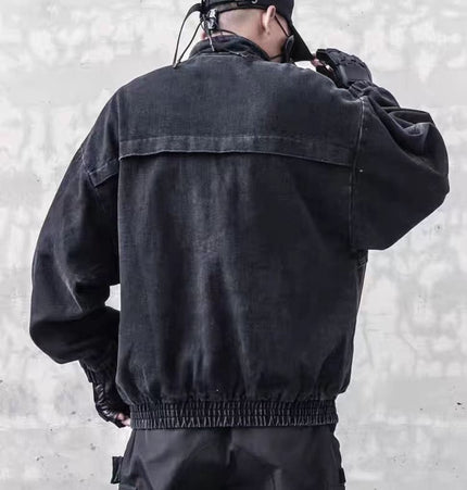 TALKLESSFASHION Dark retro washed shoulder pads ripped denim jacket