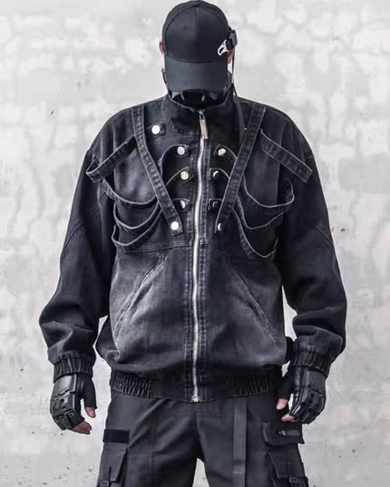 TALKLESSFASHION Dark retro washed shoulder pads ripped denim jacket