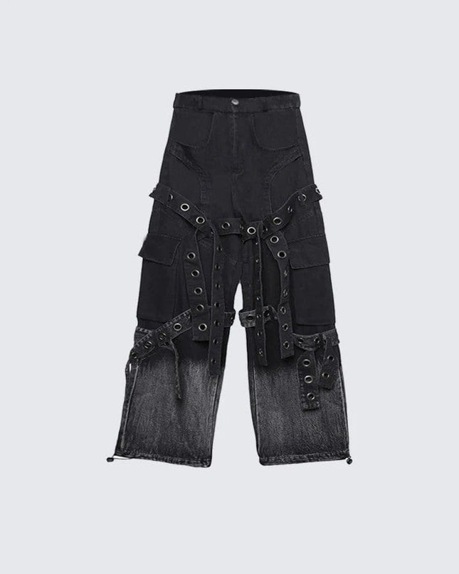 TALKLESSFASHION Dark retro washed shoulder pads ripped denim jacket