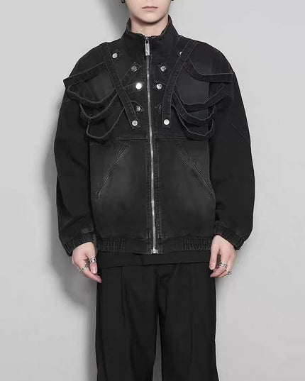 TALKLESSFASHION Dark retro washed shoulder pads ripped denim jacket
