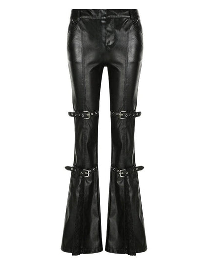 TALKLESSFASHION Dark style corn Japanese button lace spliced leather bell bottoms hot girl street sexy low-waisted slim trousers