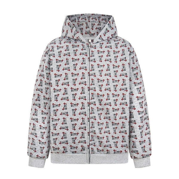 Digital print letter zip  hooded cardigan sweatshirt