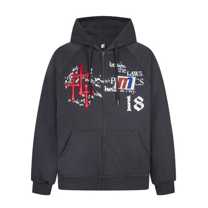 TALKLESSFASHION Distressed Letter Print Embroidered Hooded Sweatshirt