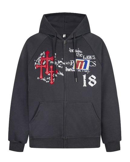 TALKLESSFASHION Distressed Letter Print Embroidered Hooded Sweatshirt