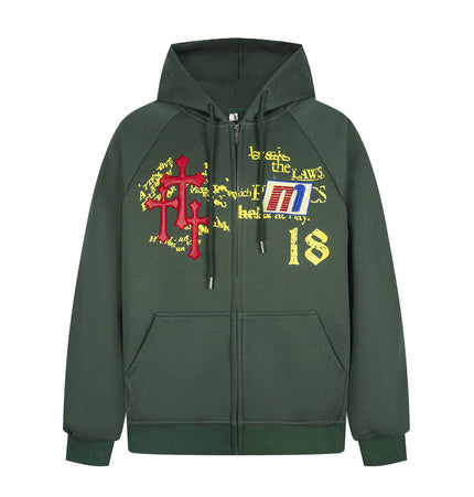 TALKLESSFASHION Distressed Letter Print Embroidered Hooded Sweatshirt