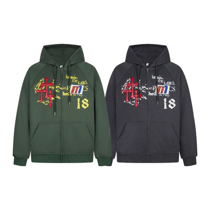 TALKLESSFASHION Distressed Letter Print Embroidered Hooded Sweatshirt