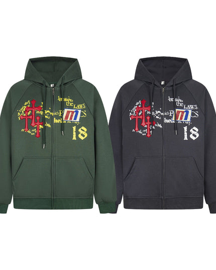 TALKLESSFASHION Distressed Letter Print Embroidered Hooded Sweatshirt