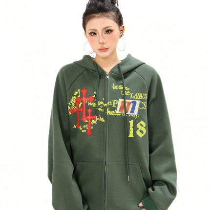 TALKLESSFASHION Distressed Letter Print Embroidered Hooded Sweatshirt