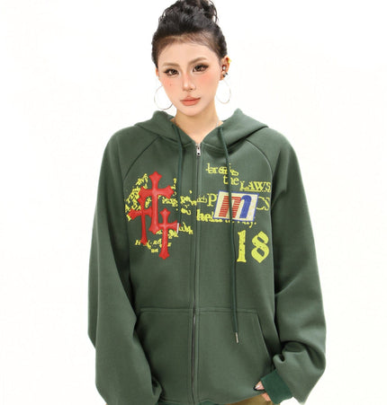TALKLESSFASHION Distressed Letter Print Embroidered Hooded Sweatshirt