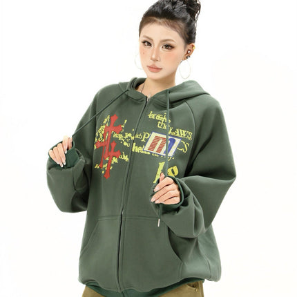 TALKLESSFASHION Distressed Letter Print Embroidered Hooded Sweatshirt