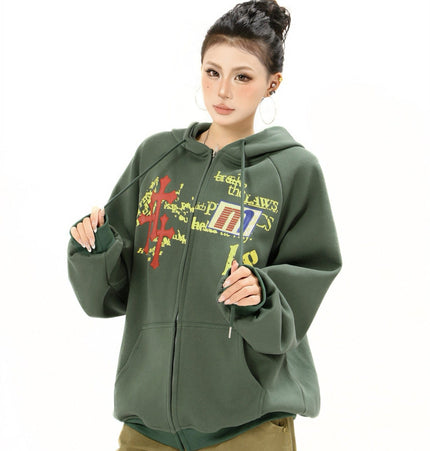 TALKLESSFASHION Distressed Letter Print Embroidered Hooded Sweatshirt