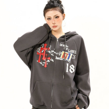 TALKLESSFASHION Distressed Letter Print Embroidered Hooded Sweatshirt