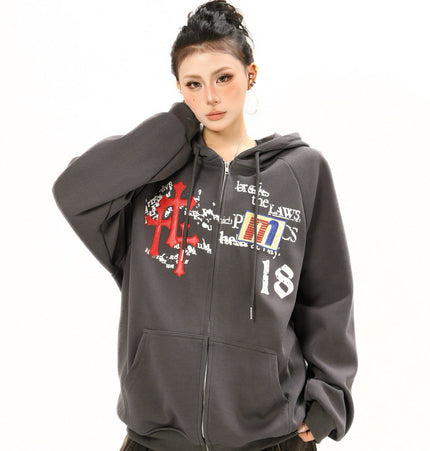 TALKLESSFASHION Distressed Letter Print Embroidered Hooded Sweatshirt