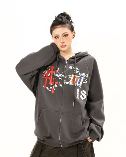 TALKLESSFASHION Distressed Letter Print Embroidered Hooded Sweatshirt