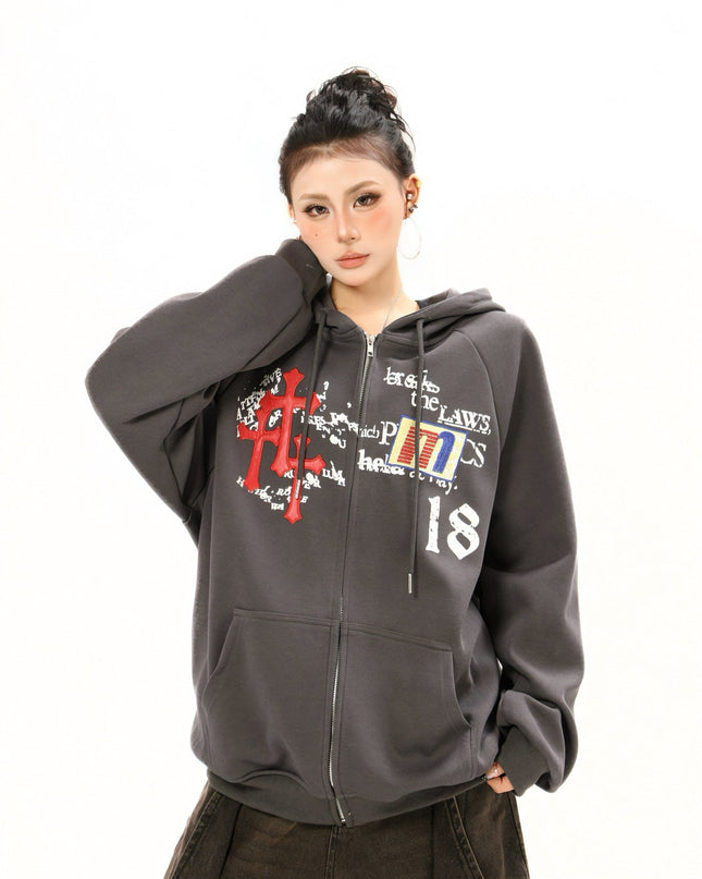 TALKLESSFASHION Distressed Letter Print Embroidered Hooded Sweatshirt