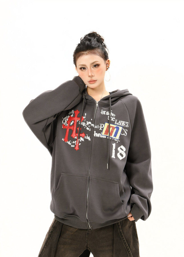 TALKLESSFASHION Distressed Letter Print Embroidered Hooded Sweatshirt
