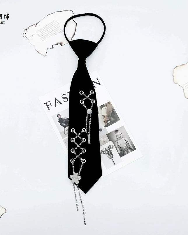 TALKLESSFASHION Double row chain petal tie Le Chao ornament  black tie