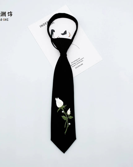 TALKLESSFASHION Embroidered rose tie Le Chao white rose embroidery tie