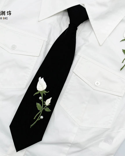 TALKLESSFASHION Embroidered rose tie Le Chao white rose embroidery tie