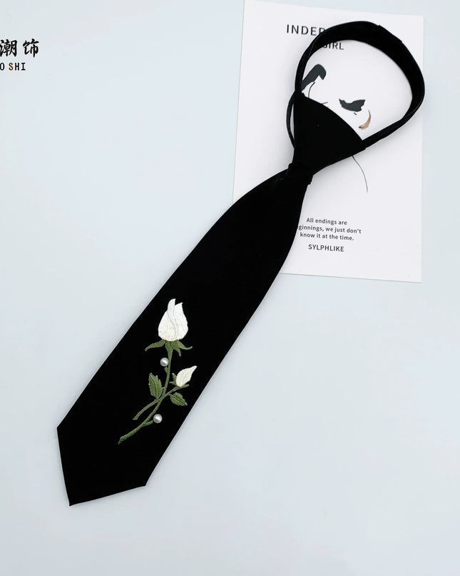 TALKLESSFASHION Embroidered rose tie Le Chao white rose embroidery tie