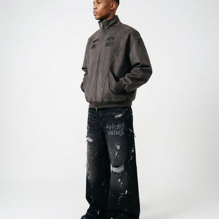 TALKLESSFASHION Embroidery Suede Double-Zip Shell