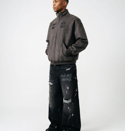 THETLSTUDIO Embroidery Suede Double-Zip Shell