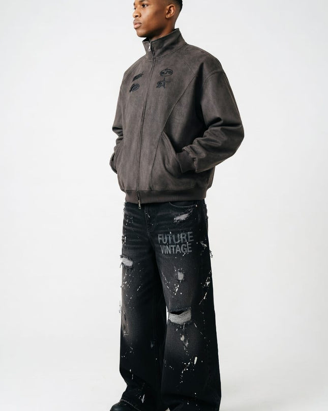 TALKLESSFASHION Embroidery Suede Double-Zip Shell