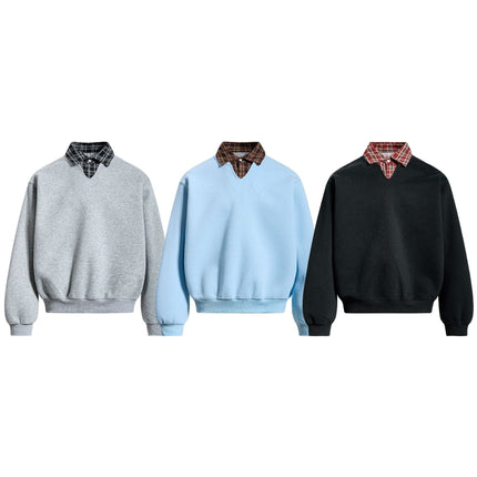 TALKLESSFASHION EON 26 Spring New spot American street trendy high street plaid splicing fake two-piece pullover sweatshirt for men