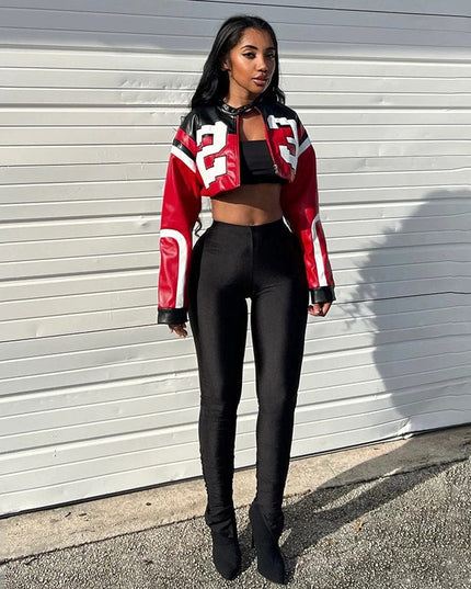 TALKLESSFASHION European and American foreign trade 2025 summer women's new fashion locomotive contrast embroidery splicing slim imitation leather jacket jacket