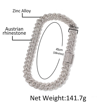 TALKLESSFASHION European and American trend 18mm silver Cuban chain rock punk full diamond alloy hip hop fashion metal necklace accessories men