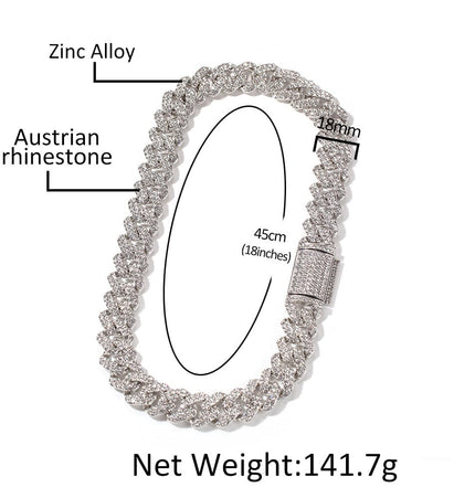 TALKLESSFASHION European and American trend 18mm silver Cuban chain rock punk full diamond alloy hip hop fashion metal necklace accessories men