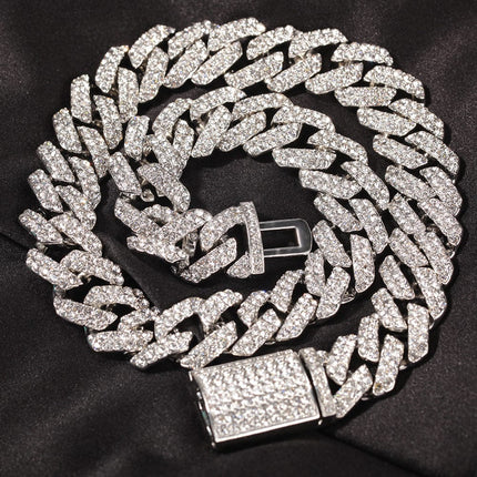 TALKLESSFASHION European and American trend 18mm silver Cuban chain rock punk full diamond alloy hip hop fashion metal necklace accessories men