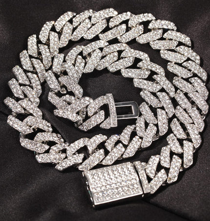 TALKLESSFASHION European and American trend 18mm silver Cuban chain rock punk full diamond alloy hip hop fashion metal necklace accessories men