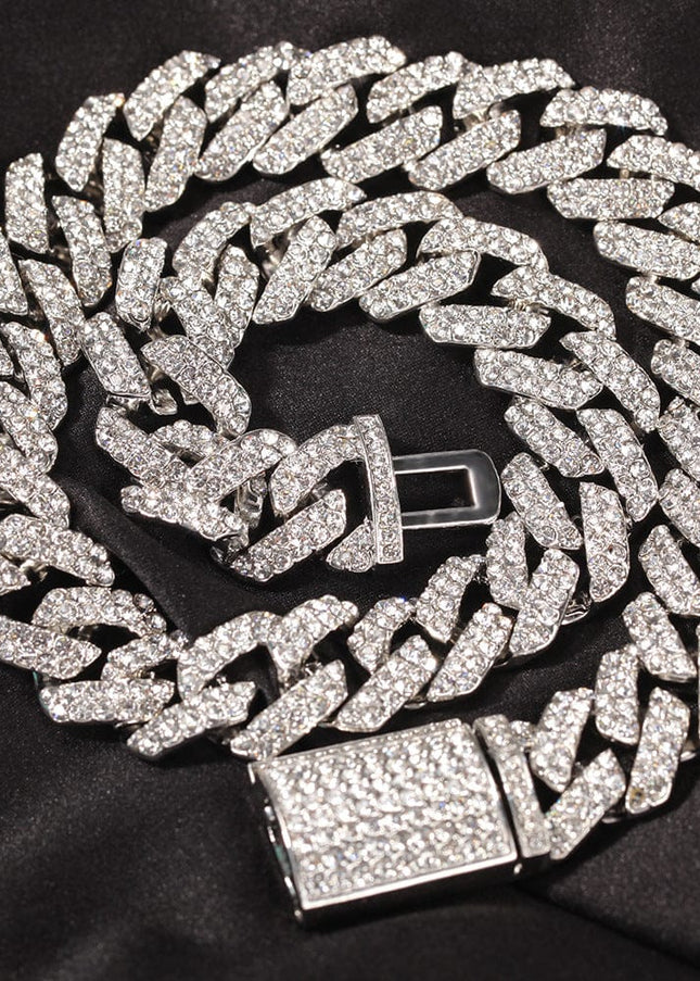 TALKLESSFASHION European and American trend 18mm silver Cuban chain rock punk full diamond alloy hip hop fashion metal necklace accessories men