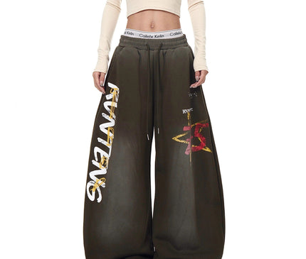 TALKLESSFASHION European and American vintage graffiti hot girl style star letter print washed gradient sweatpants women's autumn jazz dance scimitar pants