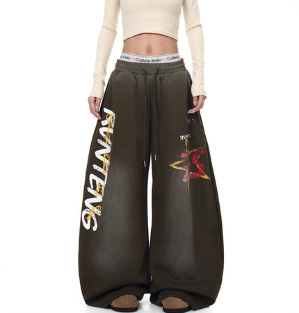 THETLSTUDIO European and American vintage graffiti hot girl style star letter print washed gradient sweatpants women's autumn jazz dance scimitar pants