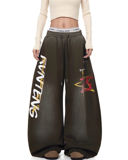 TALKLESSFASHION European and American vintage graffiti hot girl style star letter print washed gradient sweatpants women's autumn jazz dance scimitar pants