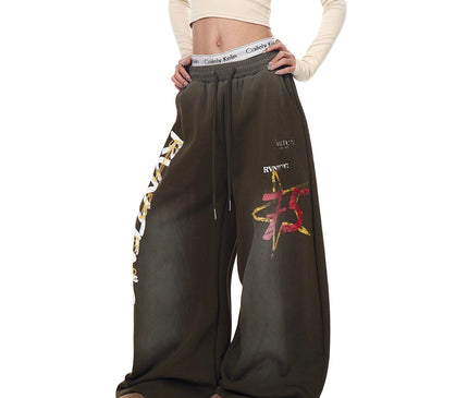 TALKLESSFASHION European and American vintage graffiti hot girl style star letter print washed gradient sweatpants women's autumn jazz dance scimitar pants