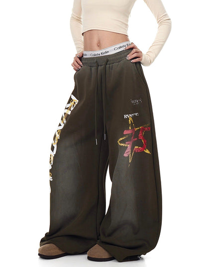 TALKLESSFASHION European and American vintage graffiti hot girl style star letter print washed gradient sweatpants women's autumn jazz dance scimitar pants