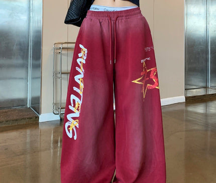 TALKLESSFASHION European and American vintage graffiti hot girl style star letter print washed gradient sweatpants women's autumn jazz dance scimitar pants