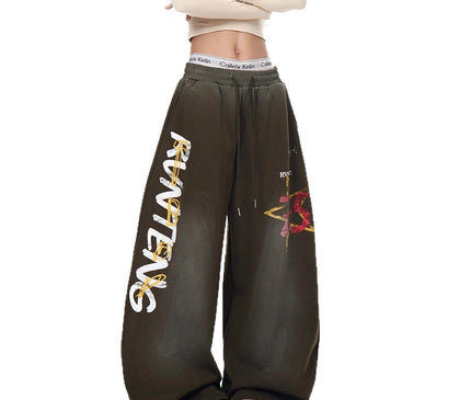 TALKLESSFASHION European and American vintage graffiti hot girl style star letter print washed gradient sweatpants women's autumn jazz dance scimitar pants