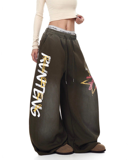 TALKLESSFASHION European and American vintage graffiti hot girl style star letter print washed gradient sweatpants women's autumn jazz dance scimitar pants