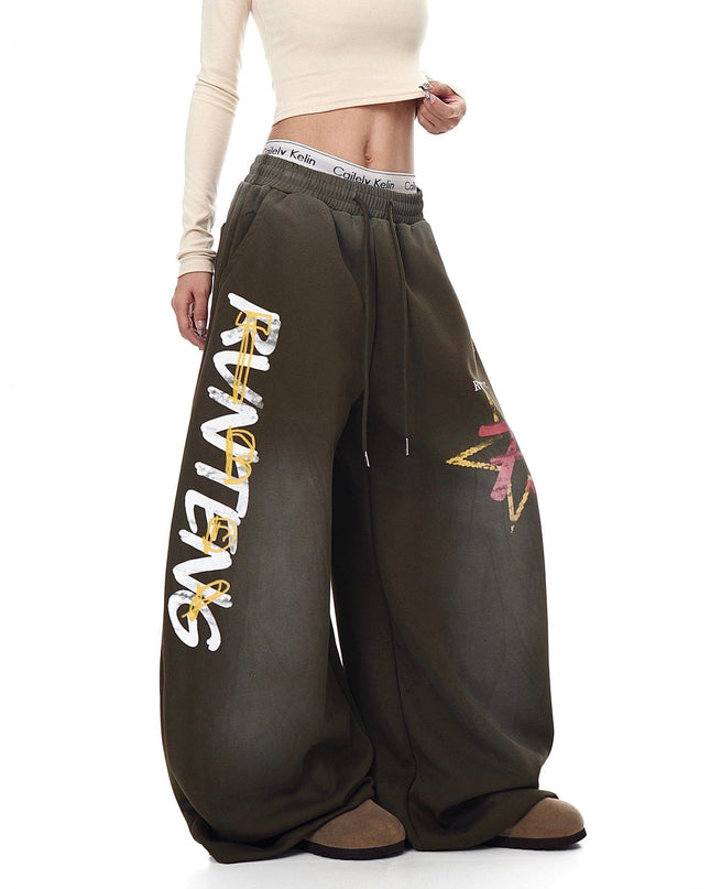 TALKLESSFASHION European and American vintage graffiti hot girl style star letter print washed gradient sweatpants women's autumn jazz dance scimitar pants